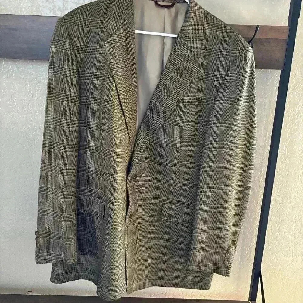 Vintage Hart Schaffner & Marx Brown Plaid Wool Suit Blazer Size 44L